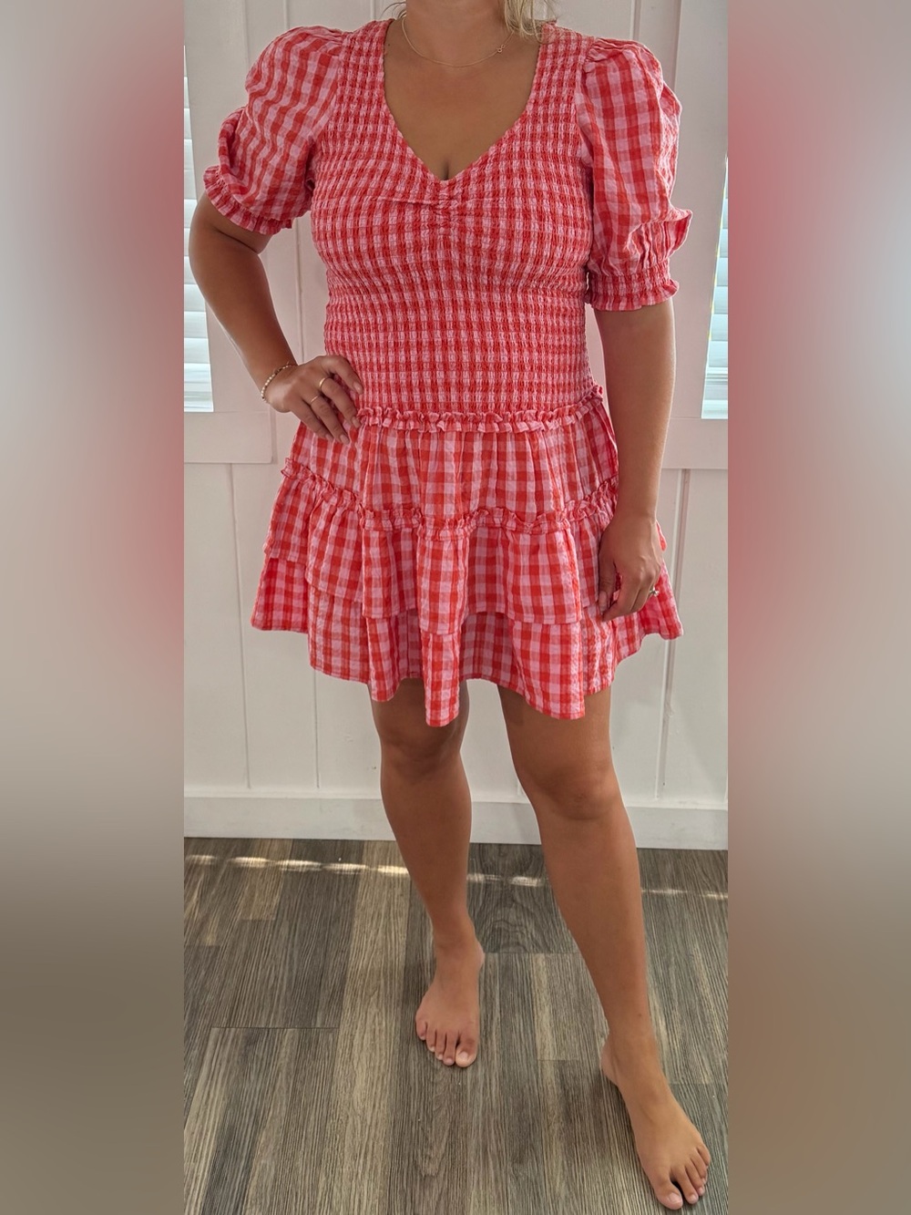 NWT Caroline Constas Women’s Pink Gingham Tiered Summer Dress. Size L